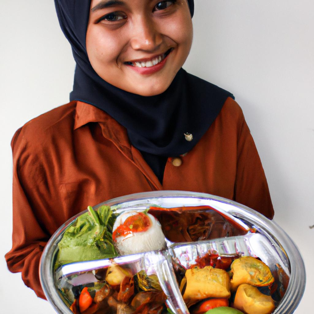 Person holding food tray, smiling